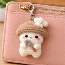 Minimalist Chef Mushroom Cap Keyring - Amigurumi Yarn Character with Spoon, Whimsical Foodie Gift